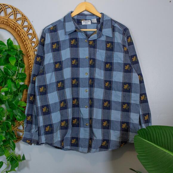 Blue Check Autumn Leaves Embroidered Shirt XL Cotton Button Down | Soft Summer - Picture 2 of 8